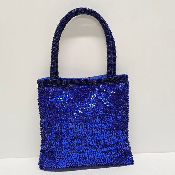 Vintage Cobalt Blue Beaded Sequined Evening Purse Top Handle Bag Handcrafted - Picture 3 of 8